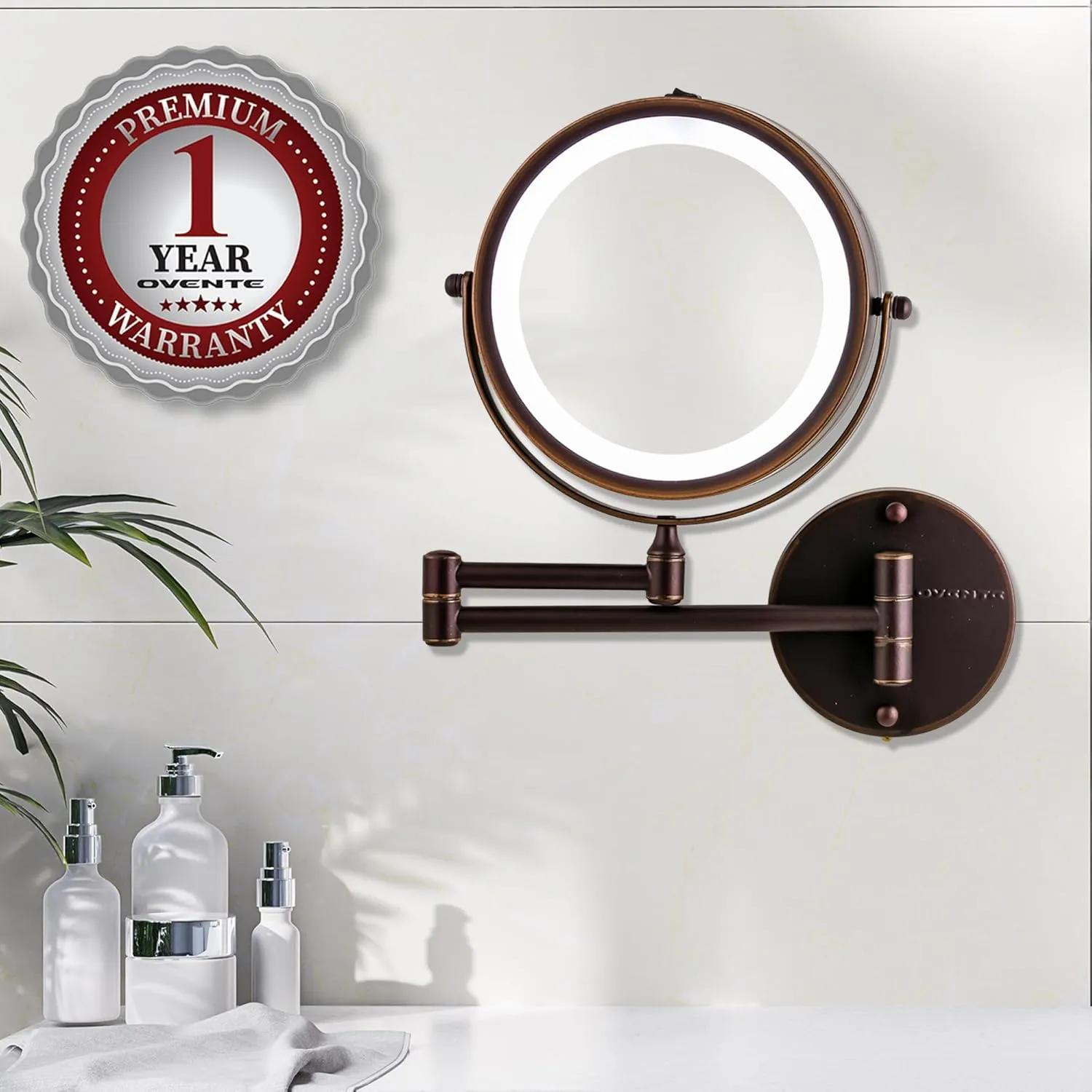 OVENTE 7" Lighted Wall Mount Makeup Mirror with 1X/10X Magnification, Cordless Double Sided Magnifying Round Vanity Mirror, 360° Swivel Design, Extendable and Folding Arm, Antique Bronze MFW70ABZ1X10X