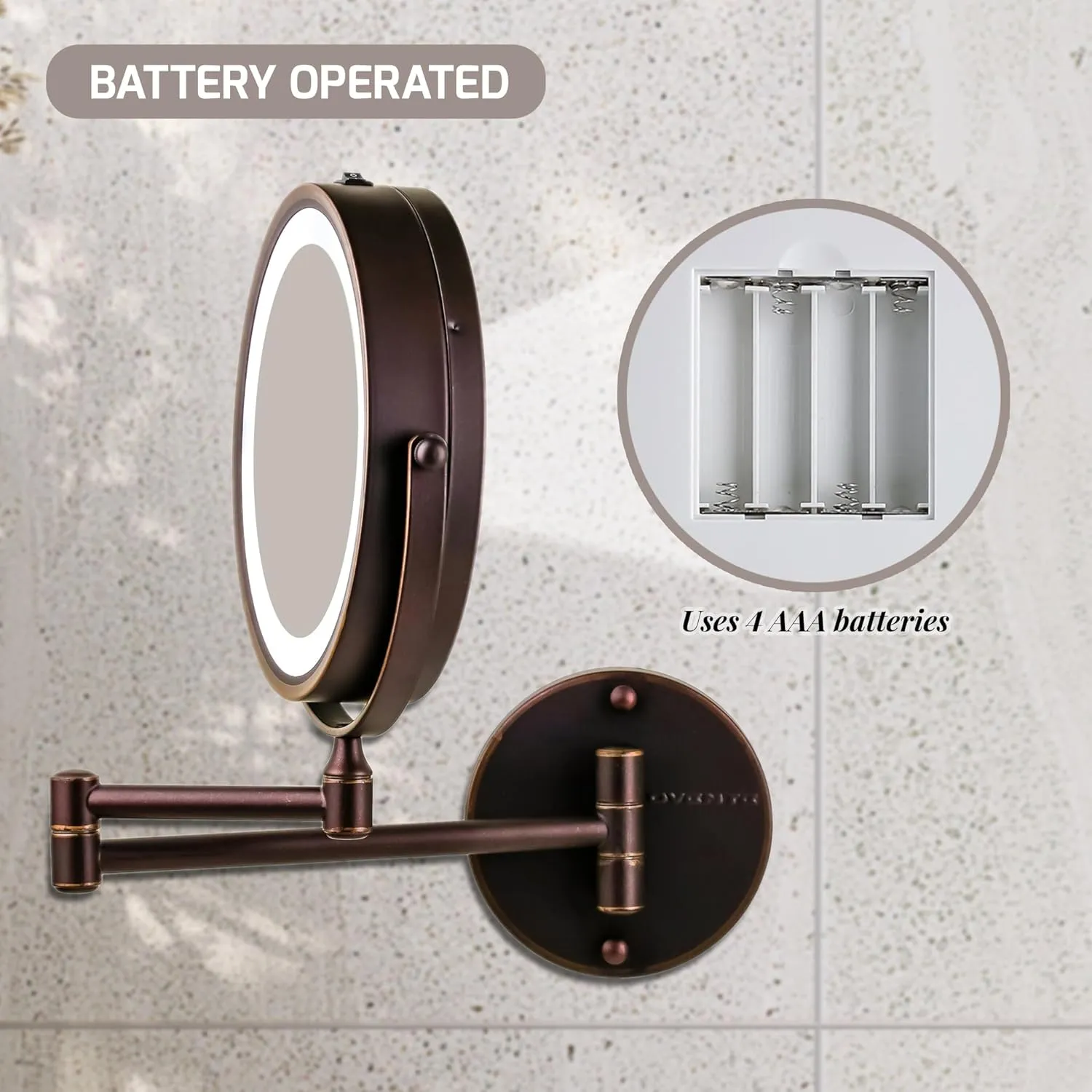 OVENTE 7" Lighted Wall Mount Makeup Mirror with 1X/10X Magnification, Cordless Double Sided Magnifying Round Vanity Mirror, 360° Swivel Design, Extendable and Folding Arm, Antique Bronze MFW70ABZ1X10X