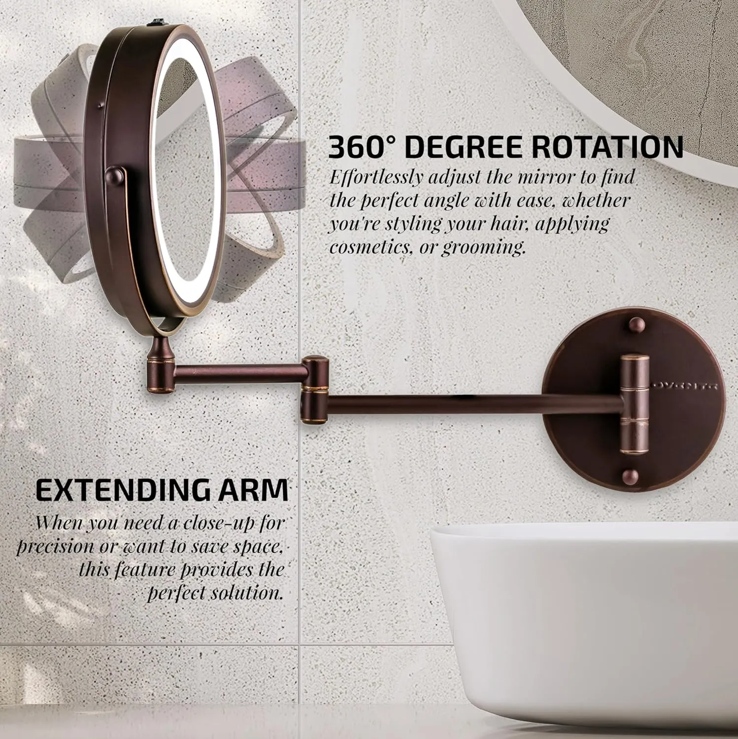 OVENTE 7" Lighted Wall Mount Makeup Mirror with 1X/10X Magnification, Cordless Double Sided Magnifying Round Vanity Mirror, 360° Swivel Design, Extendable and Folding Arm, Antique Bronze MFW70ABZ1X10X