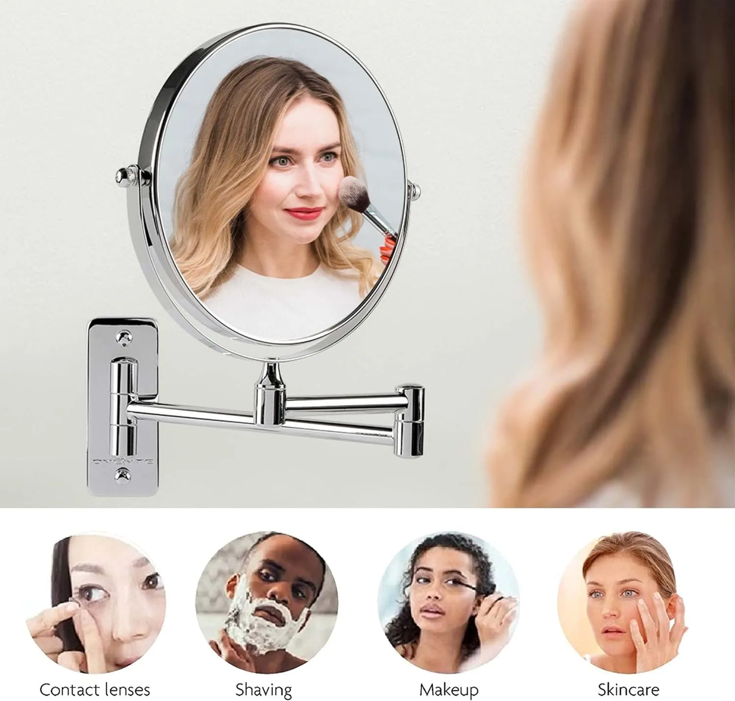 OVENTE 7" Wall Mounted Makeup Mirror with 1X/10X Magnification, Double Sided Magnifying Round Bathroom Vanity Mirror, 360° Swivel Design, Extendable and Folding Arm, Polished Chrome MNLFW70CH1X10X