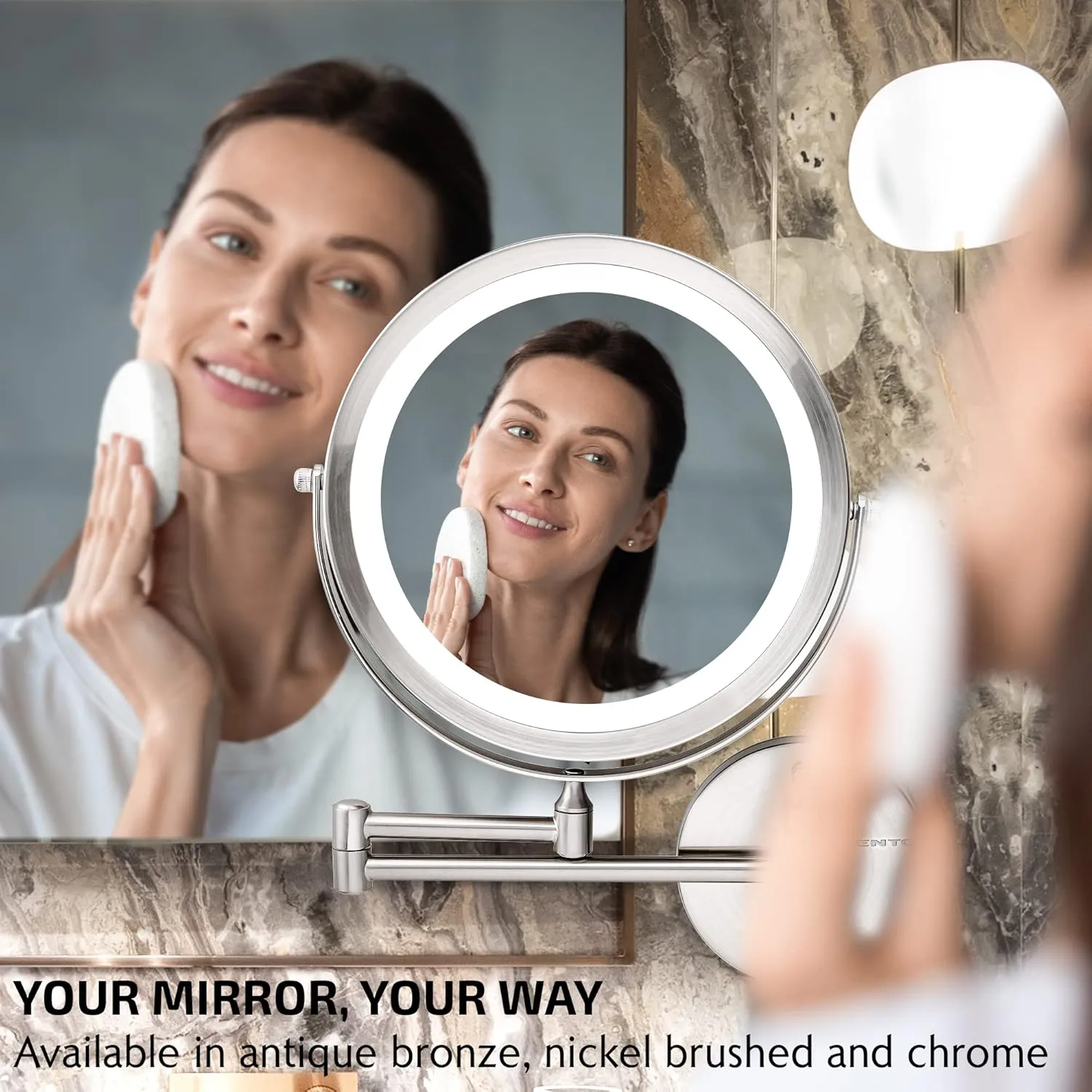 OVENTE 9" Lighted Wall Mount Makeup Mirror with 1X/10X Magnification, Cordless Double Sided Magnifying Round Vanity Mirror, 360° Swivel Design, Extendable and Folding Arm, Nickel Brushed MFW85BR1X10X