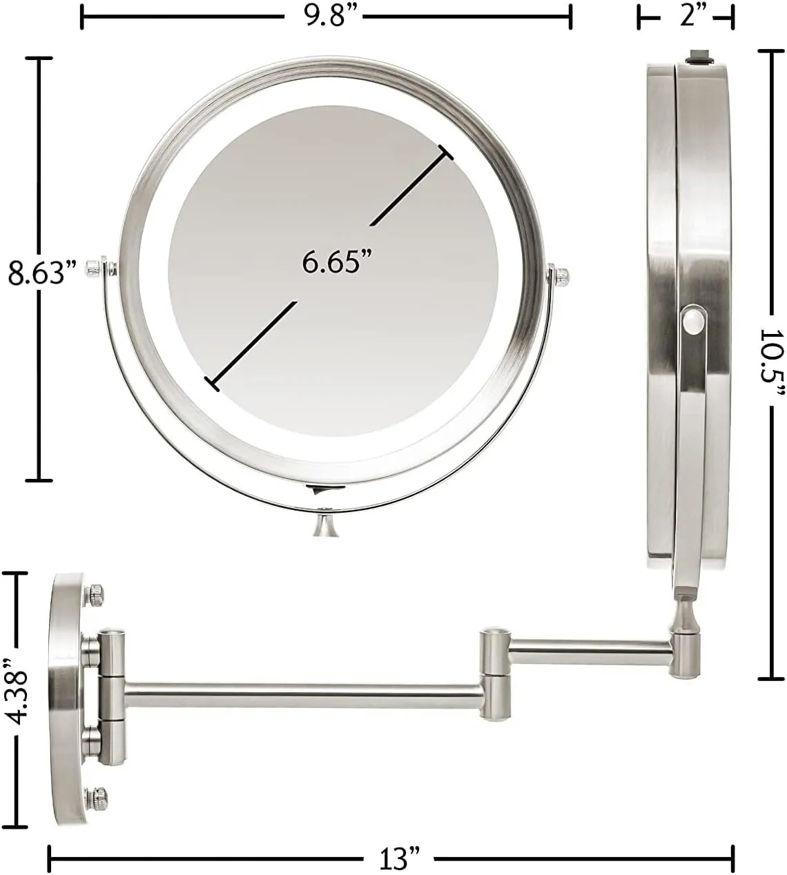 OVENTE 9" Lighted Wall Mount Makeup Mirror with 1X/10X Magnification, Cordless Double Sided Magnifying Round Vanity Mirror, 360° Swivel Design, Extendable and Folding Arm, Nickel Brushed MFW85BR1X10X