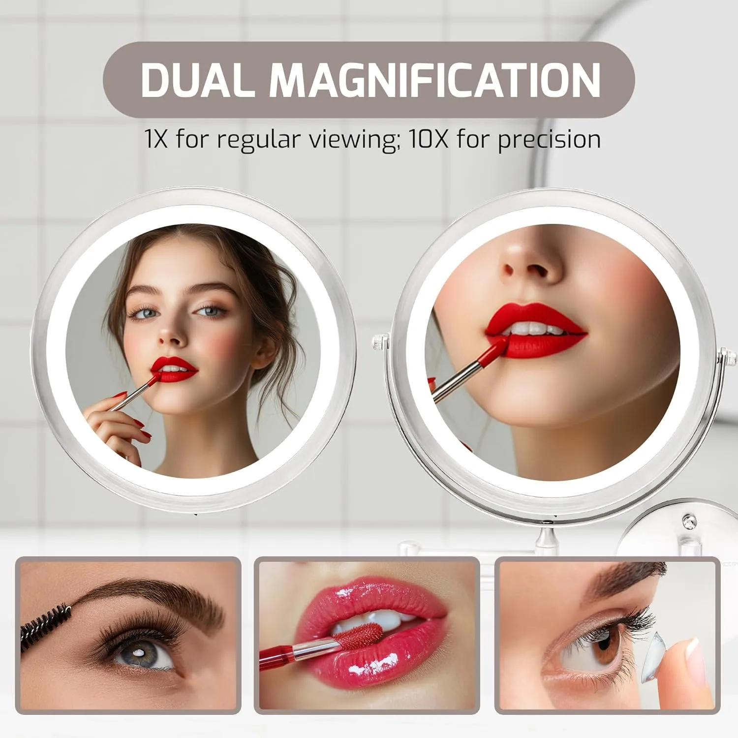 OVENTE 9" Lighted Wall Mount Makeup Mirror with 1X/10X Magnification, Cordless Double Sided Magnifying Round Vanity Mirror, 360° Swivel Design, Extendable and Folding Arm, Nickel Brushed MFW85BR1X10X
