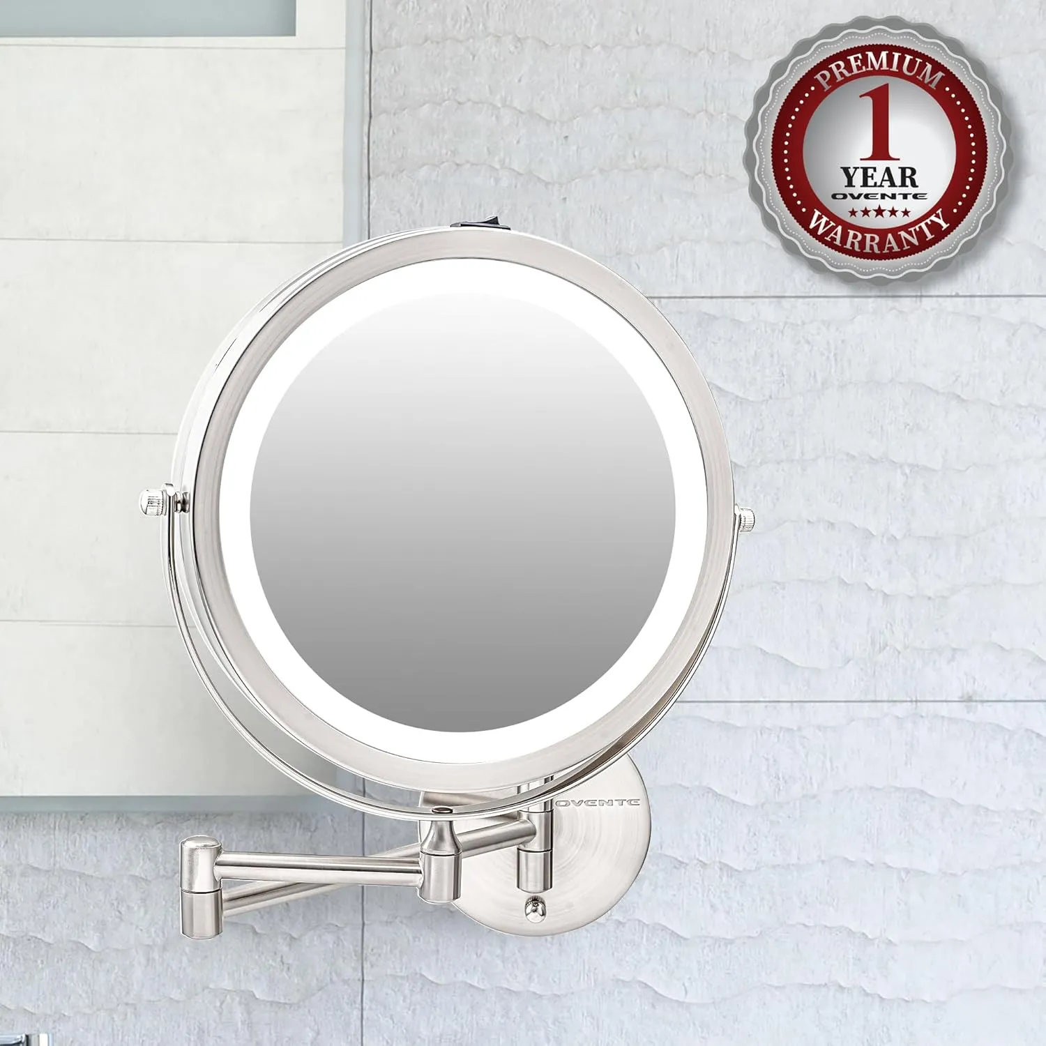 OVENTE 9" Lighted Wall Mount Makeup Mirror with 1X/10X Magnification, Cordless Double Sided Magnifying Round Vanity Mirror, 360° Swivel Design, Extendable and Folding Arm, Nickel Brushed MFW85BR1X10X
