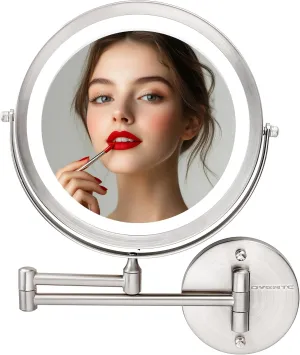 OVENTE 9" Lighted Wall Mount Makeup Mirror with 1X/10X Magnification, Cordless Double Sided Magnifying Round Vanity Mirror, 360° Swivel Design, Extendable and Folding Arm, Nickel Brushed MFW85BR1X10X