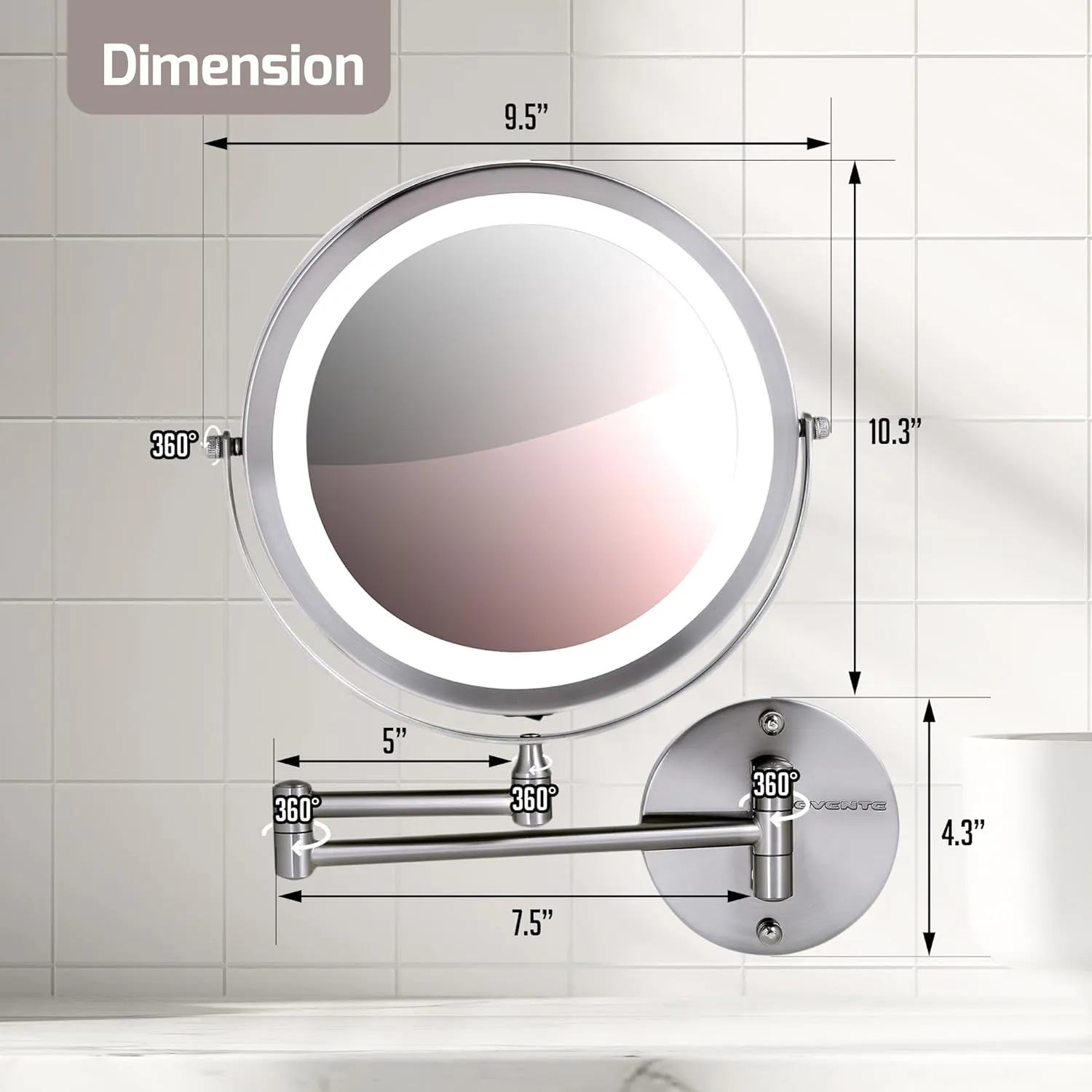 OVENTE 9" Lighted Wall Mount Makeup Mirror with 1X/10X Magnification, Cordless Double Sided Magnifying Round Vanity Mirror, 360° Swivel Design, Extendable and Folding Arm, Nickel Brushed MFW85BR1X10X