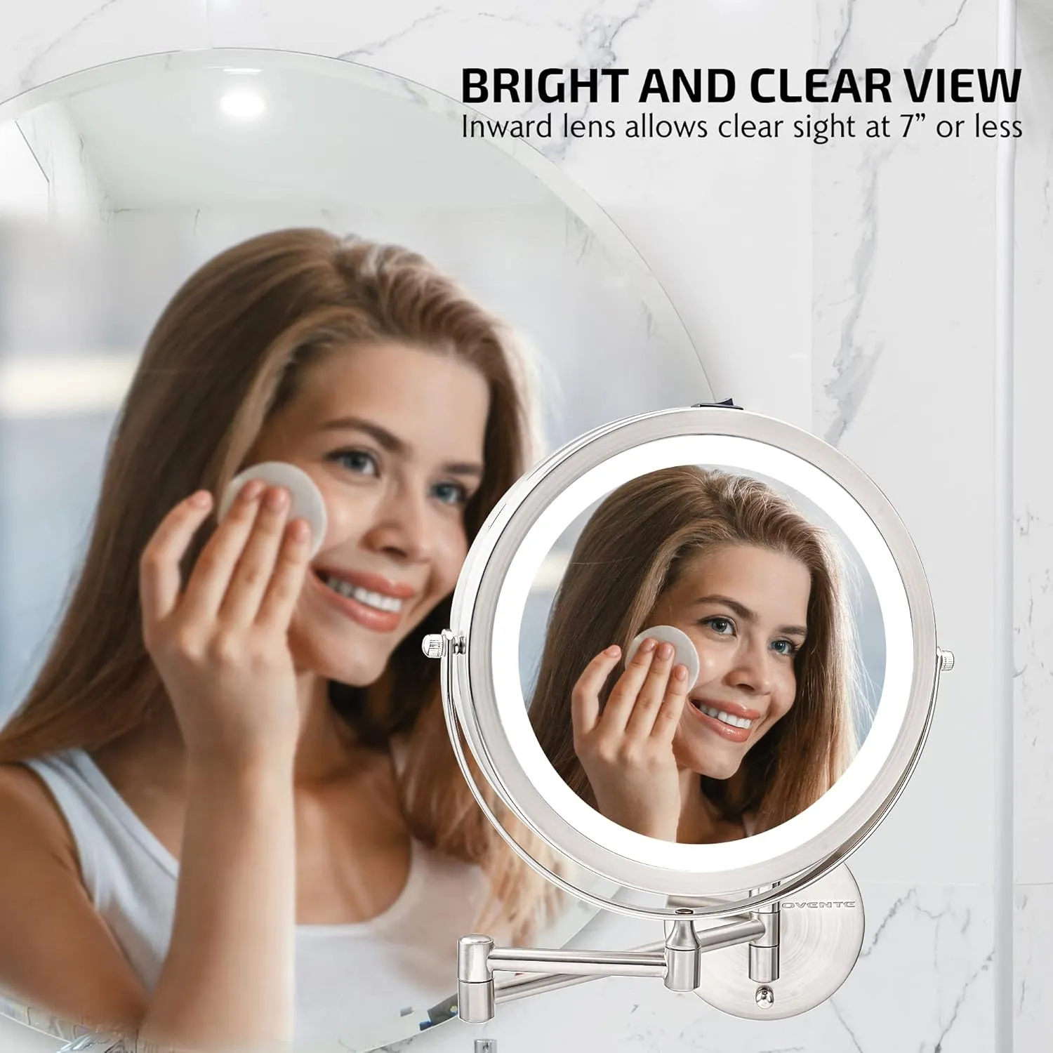 OVENTE 9" Lighted Wall Mount Makeup Mirror with 1X/10X Magnification, Cordless Double Sided Magnifying Round Vanity Mirror, 360° Swivel Design, Extendable and Folding Arm, Nickel Brushed MFW85BR1X10X
