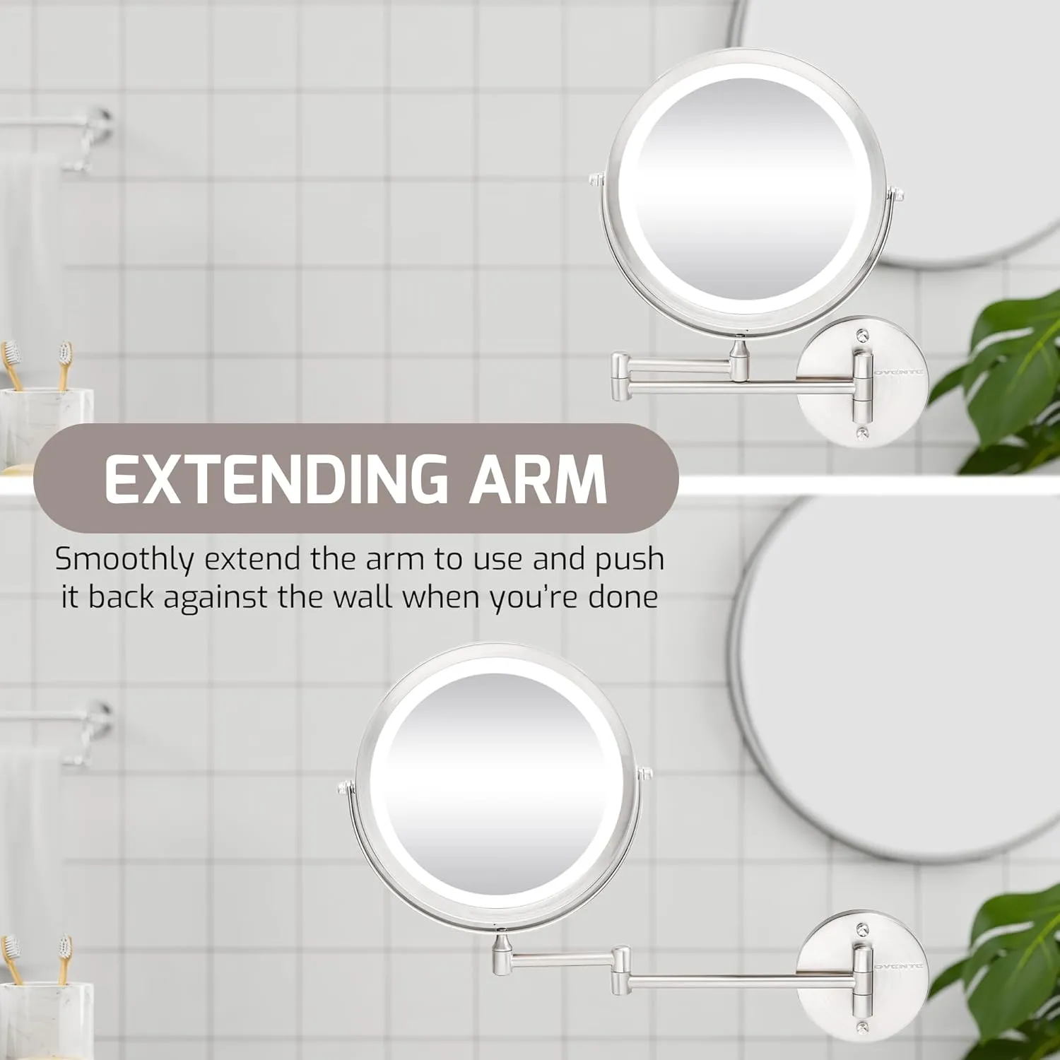 OVENTE 9" Lighted Wall Mount Makeup Mirror with 1X/10X Magnification, Cordless Double Sided Magnifying Round Vanity Mirror, 360° Swivel Design, Extendable and Folding Arm, Nickel Brushed MFW85BR1X10X
