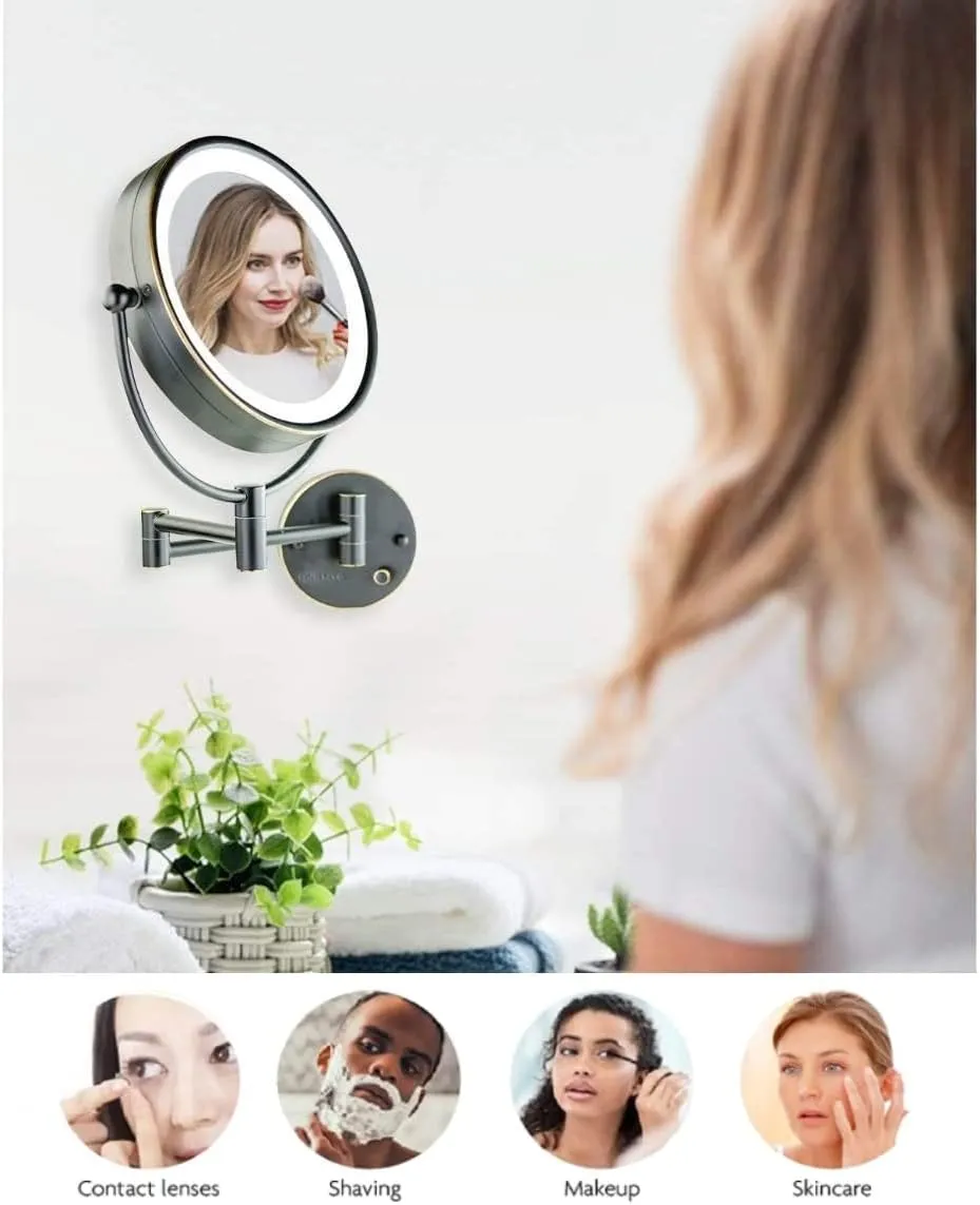 OVENTE 9" Lighted Wall Mount Makeup Mirror with 1X/7X Magnification, Double Sided Magnifying Bathroom Mirror, LED Glow Light, 360° Swivel Design, Extendable Folding Arm, Rubbed Bronze MPWD3185BZ1X7X
