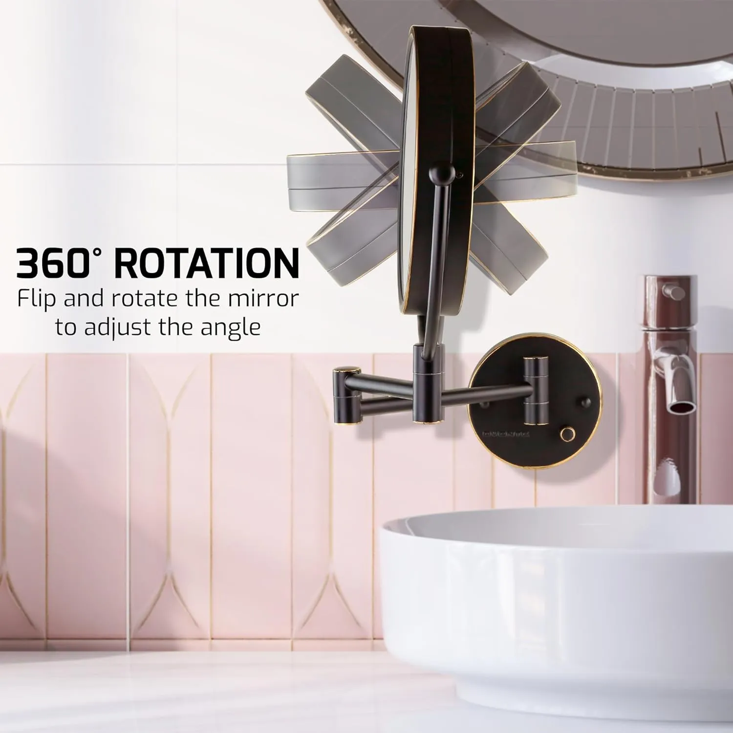 OVENTE 9" Lighted Wall Mount Makeup Mirror with 1X/7X Magnification, Double Sided Magnifying Bathroom Mirror, LED Glow Light, 360° Swivel Design, Extendable Folding Arm, Rubbed Bronze MPWD3185BZ1X7X