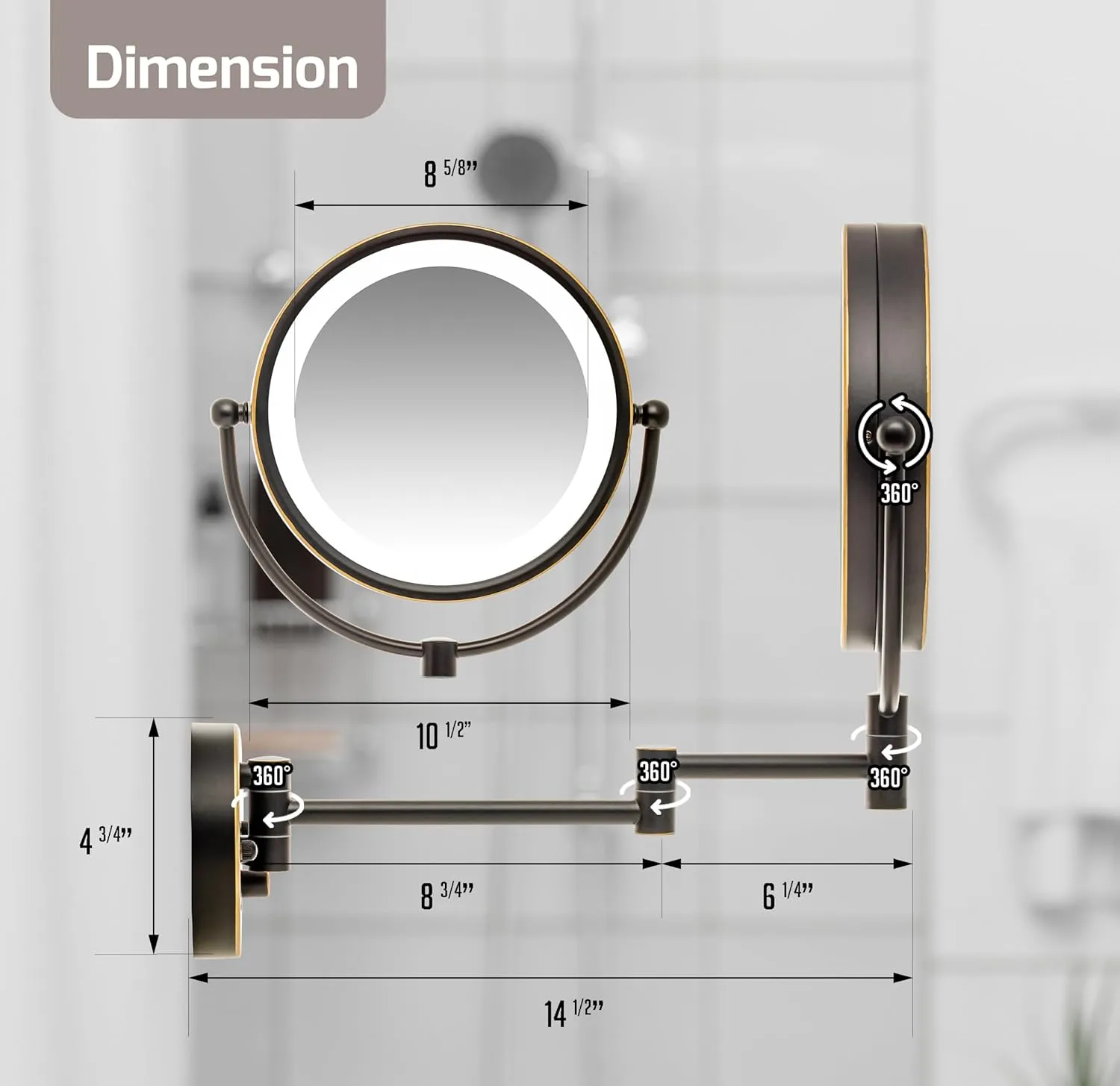 OVENTE 9" Lighted Wall Mount Makeup Mirror with 1X/7X Magnification, Double Sided Magnifying Bathroom Mirror, LED Glow Light, 360° Swivel Design, Extendable Folding Arm, Rubbed Bronze MPWD3185BZ1X7X