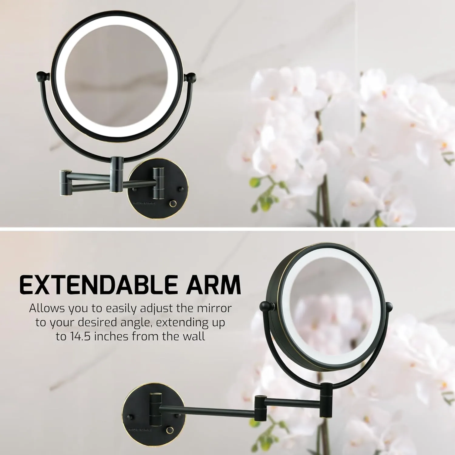 OVENTE 9" Lighted Wall Mount Makeup Mirror with 1X/7X Magnification, Double Sided Magnifying Bathroom Mirror, LED Glow Light, 360° Swivel Design, Extendable Folding Arm, Rubbed Bronze MPWD3185BZ1X7X