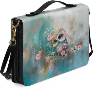 Owl Bible Book Cover for Women Girls, Floral PU Leather Bible Tote Bag with Shoulder Strap, Bible Case Waterproof Bible Accessories for Bible Study, Christian Gifts, Blue, L