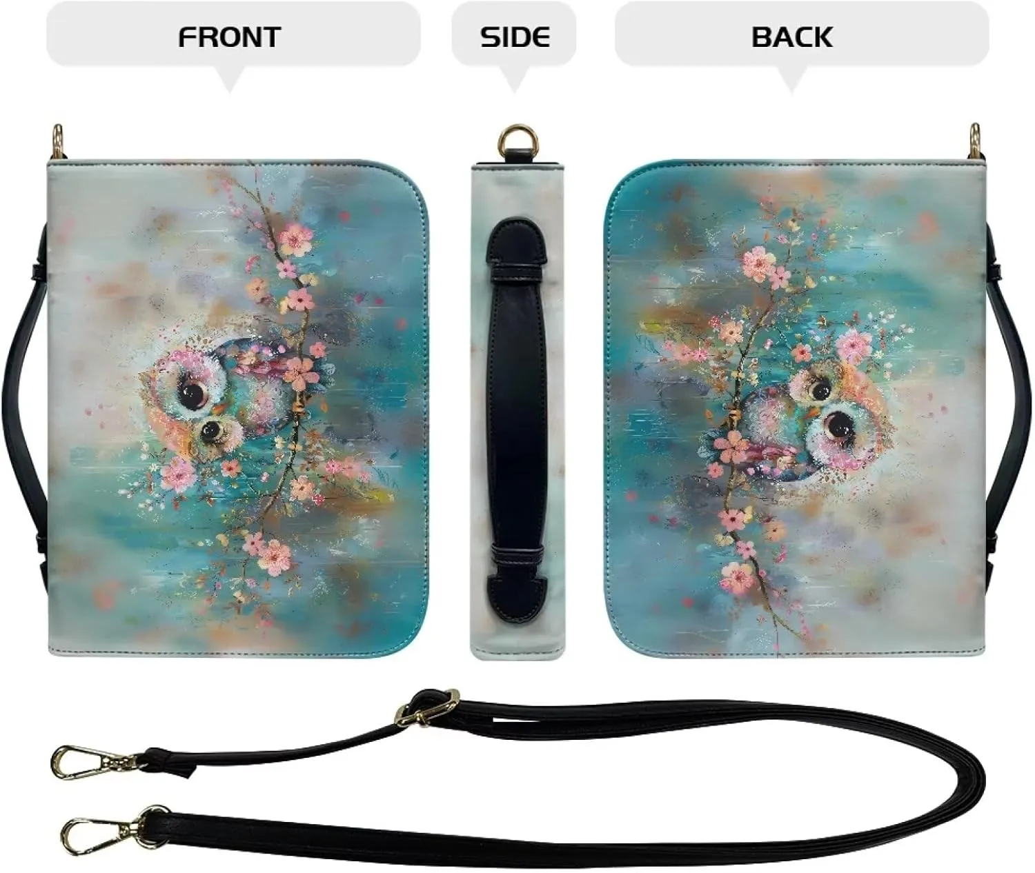 Owl Bible Book Cover for Women Girls, Floral PU Leather Bible Tote Bag with Shoulder Strap, Bible Case Waterproof Bible Accessories for Bible Study, Christian Gifts, Blue, L