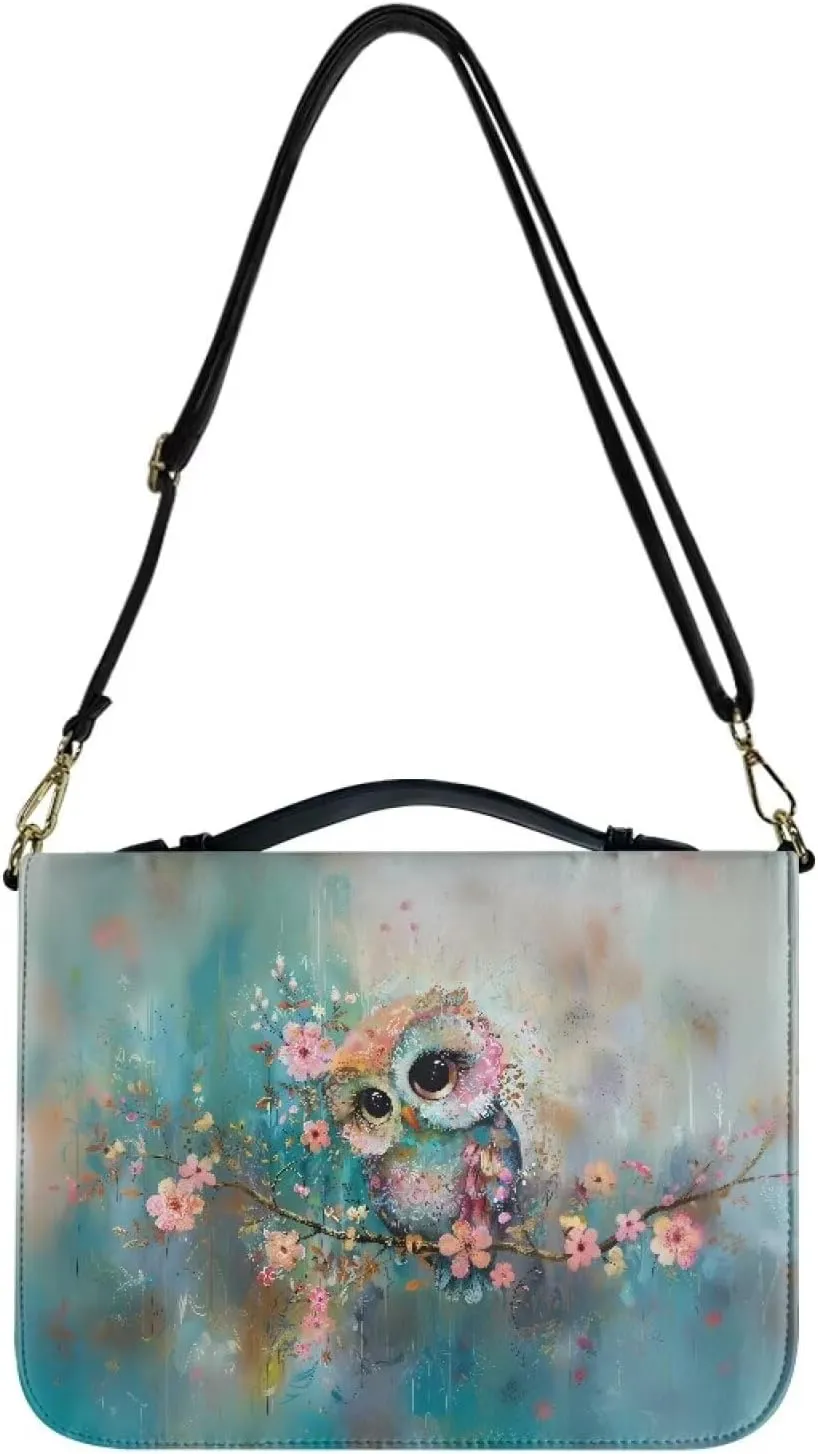 Owl Bible Book Cover for Women Girls, Floral PU Leather Bible Tote Bag with Shoulder Strap, Bible Case Waterproof Bible Accessories for Bible Study, Christian Gifts, Blue, L