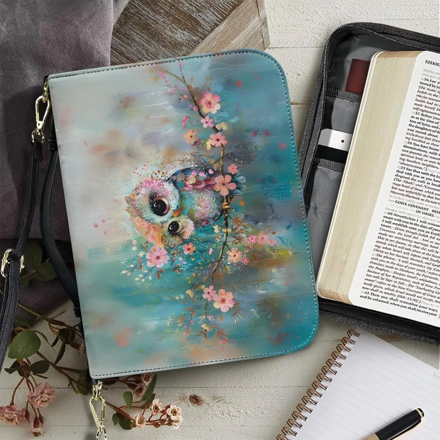 Owl Bible Book Cover for Women Girls, Floral PU Leather Bible Tote Bag with Shoulder Strap, Bible Case Waterproof Bible Accessories for Bible Study, Christian Gifts, Blue, L