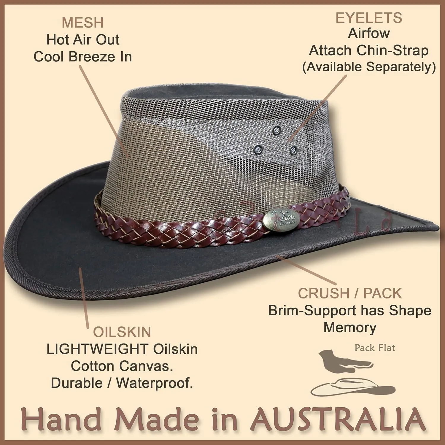 Oztrala Hat Oilskin Canvas Australian Outback Leather Mens Black Cowboy Bucket HCKS HCKB US