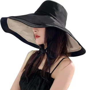 Packable Reversible Large Brim Sun Hat for Women - 6.9" Super Wide-Brim UV-Protection Women's Sun Beach Hats with Strap