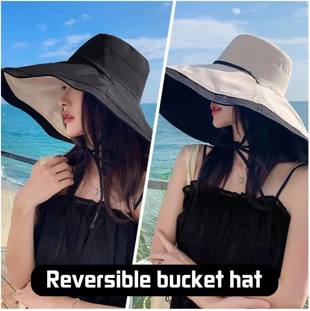 Packable Reversible Large Brim Sun Hat for Women - 6.9" Super Wide-Brim UV-Protection Women's Sun Beach Hats with Strap