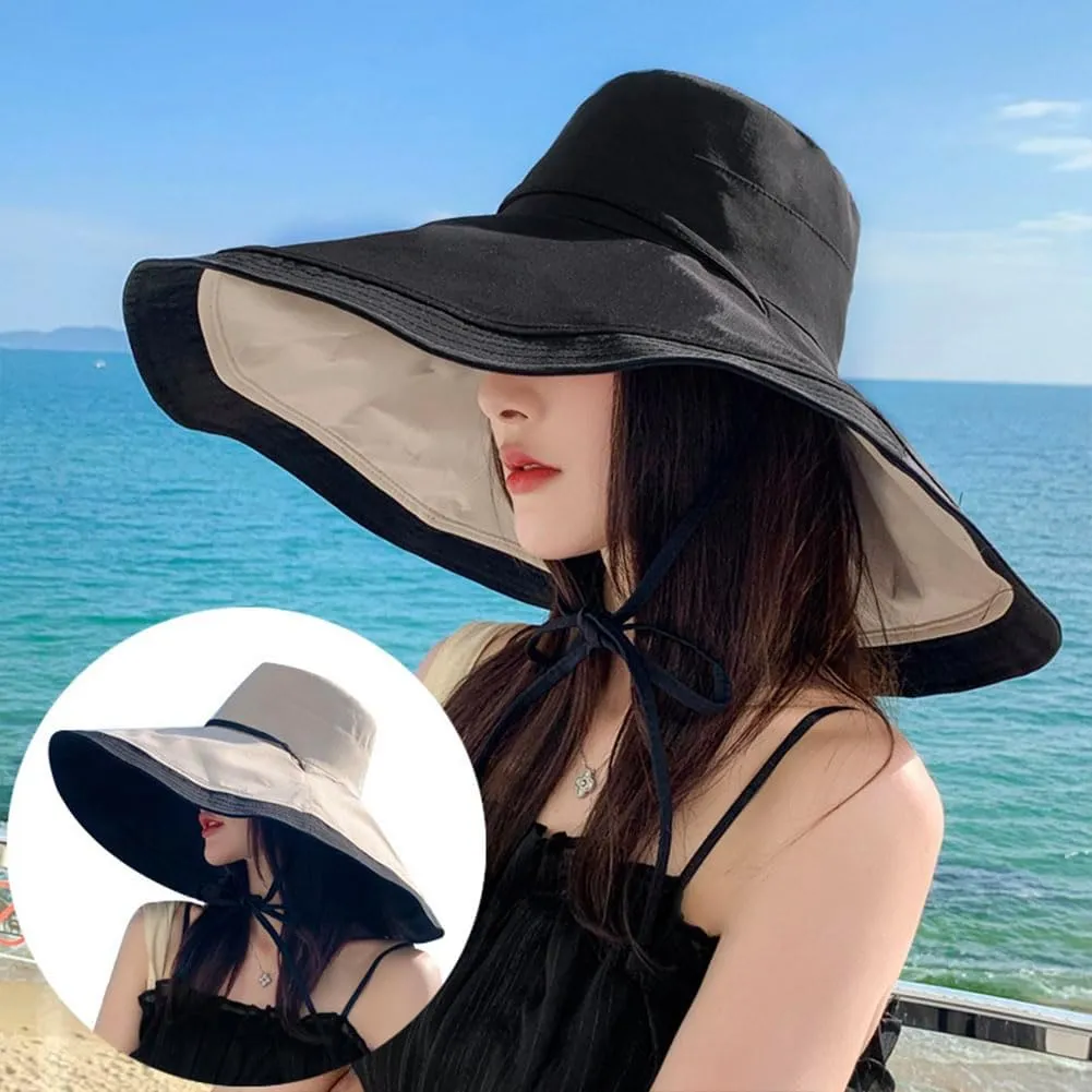 Packable Reversible Large Brim Sun Hat for Women - 6.9" Super Wide-Brim UV-Protection Women's Sun Beach Hats with Strap