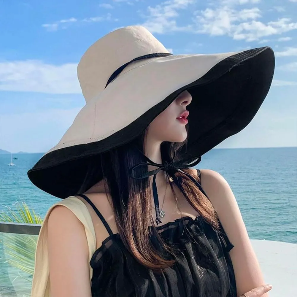 Packable Reversible Large Brim Sun Hat for Women - 6.9" Super Wide-Brim UV-Protection Women's Sun Beach Hats with Strap