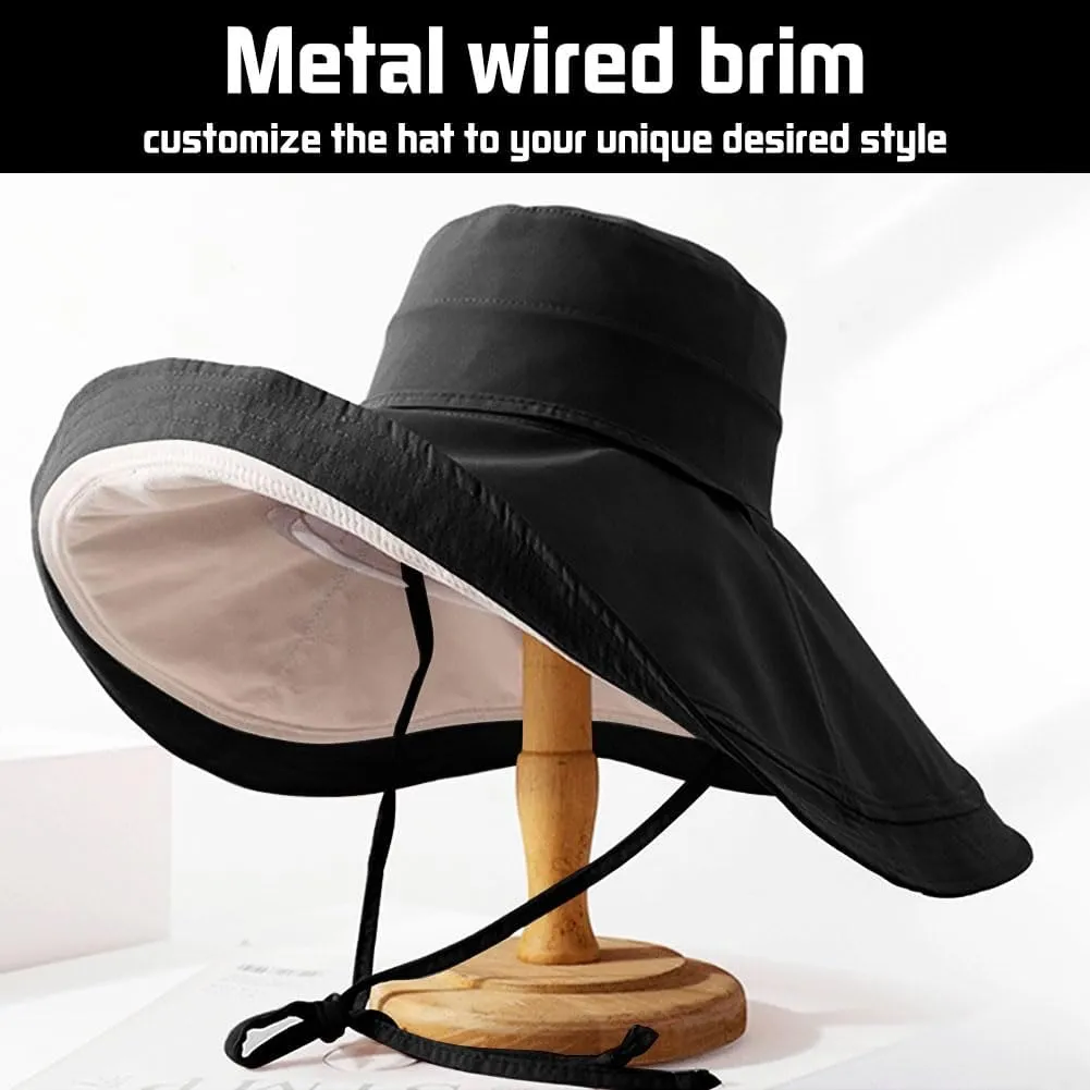 Packable Reversible Large Brim Sun Hat for Women - 6.9" Super Wide-Brim UV-Protection Women's Sun Beach Hats with Strap