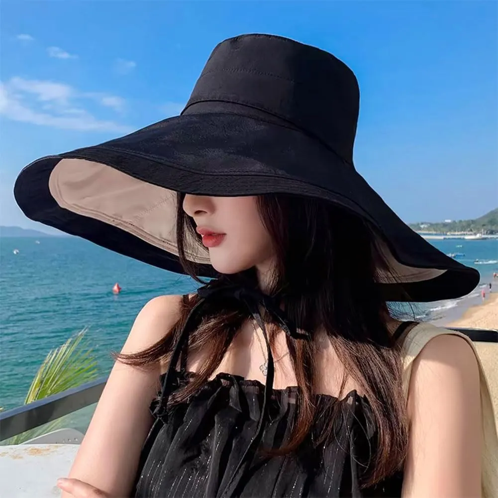 Packable Reversible Large Brim Sun Hat for Women - 6.9" Super Wide-Brim UV-Protection Women's Sun Beach Hats with Strap
