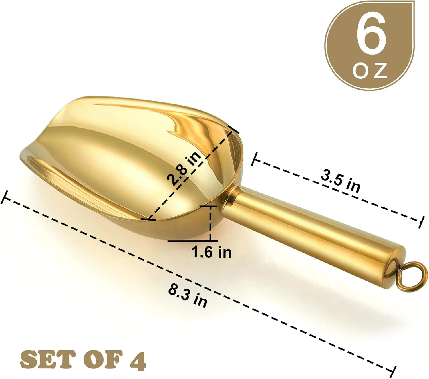 P&P CHEF Mini Canister Scoop Set of 4, Stainless Steel Small Candy Ice Scoop for Home Bar Buffet Wedding, Mirror Finish & Elegant Shape, Easy Clean & Dishwasher Safe - Gold, 6 Ounce
