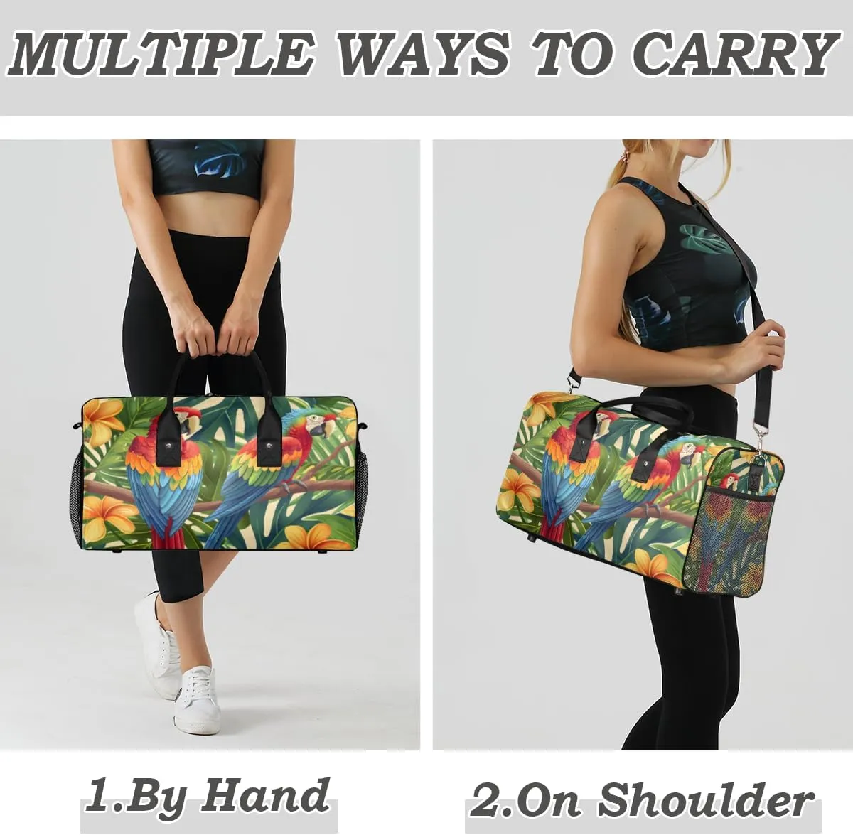 Parrot Travel Duffle Bag for Women Men Foldable Waterproof Weekender Bag Carry on Tote for Overnight Sports Gym Tropical Macaw Parrot Jungle Palm Leaves