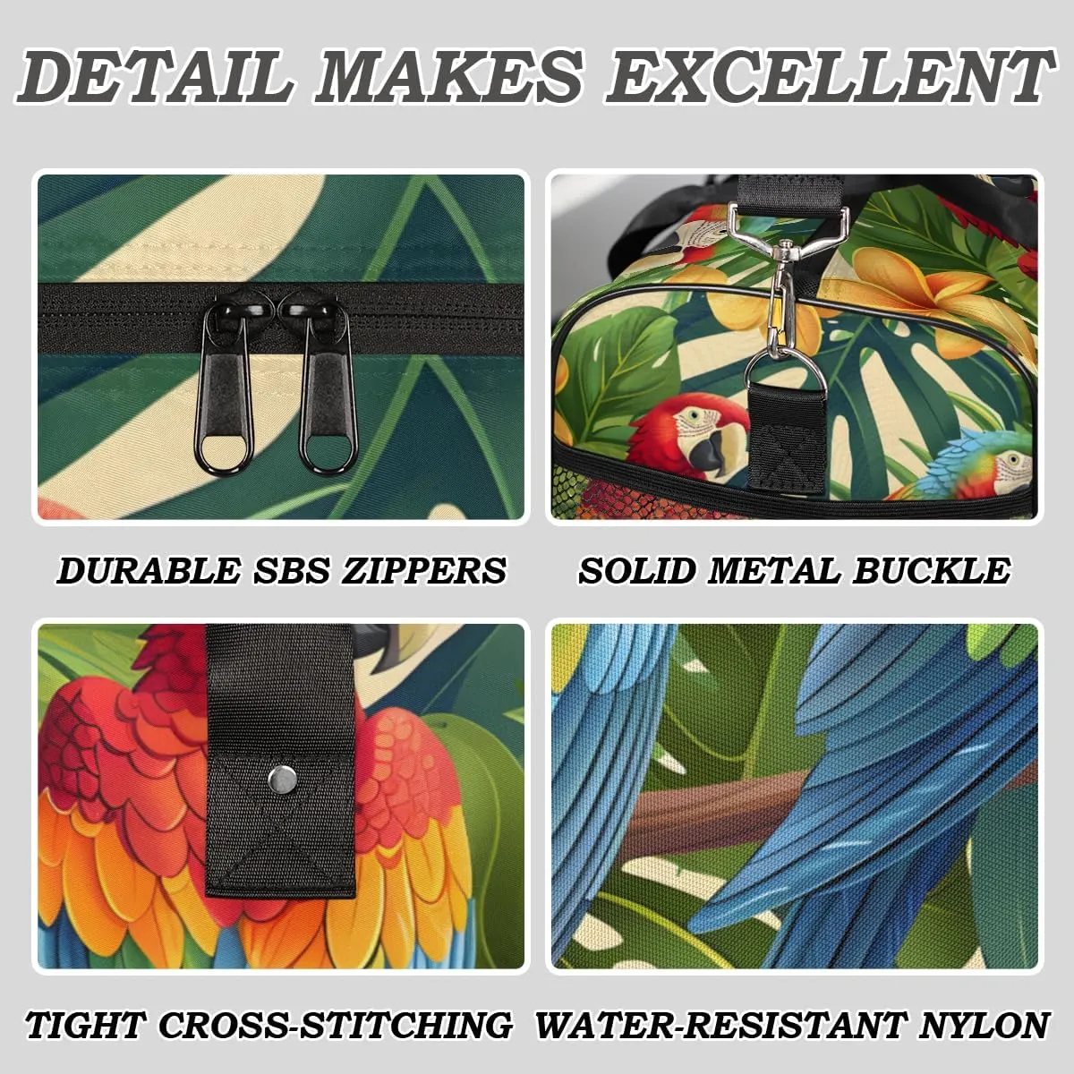 Parrot Travel Duffle Bag for Women Men Foldable Waterproof Weekender Bag Carry on Tote for Overnight Sports Gym Tropical Macaw Parrot Jungle Palm Leaves