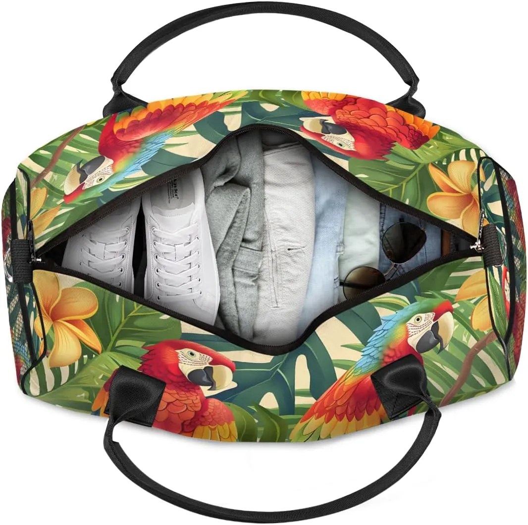 Parrot Travel Duffle Bag for Women Men Foldable Waterproof Weekender Bag Carry on Tote for Overnight Sports Gym Tropical Macaw Parrot Jungle Palm Leaves