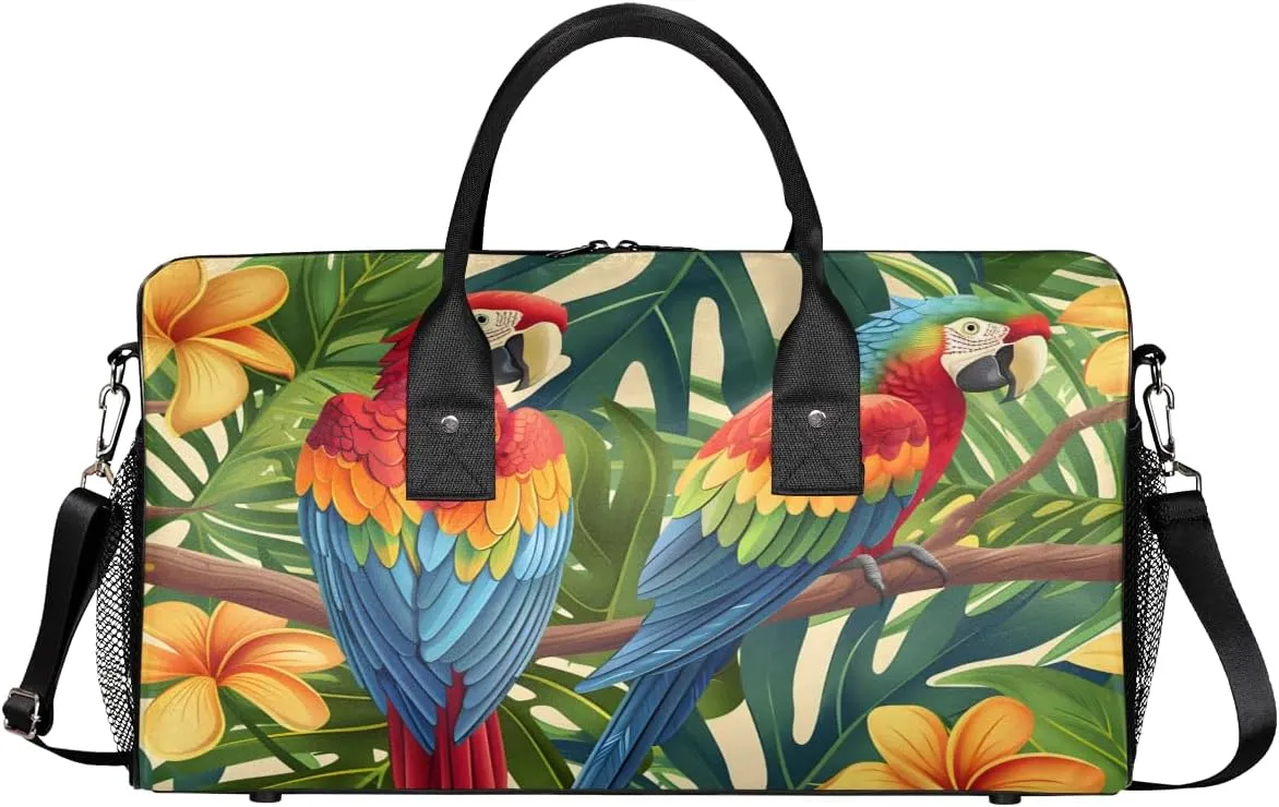 Parrot Travel Duffle Bag for Women Men Foldable Waterproof Weekender Bag Carry on Tote for Overnight Sports Gym Tropical Macaw Parrot Jungle Palm Leaves