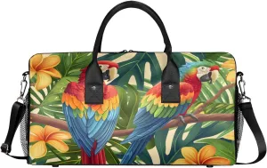 Parrot Travel Duffle Bag for Women Men Foldable Waterproof Weekender Bag Carry on Tote for Overnight Sports Gym Tropical Macaw Parrot Jungle Palm Leaves