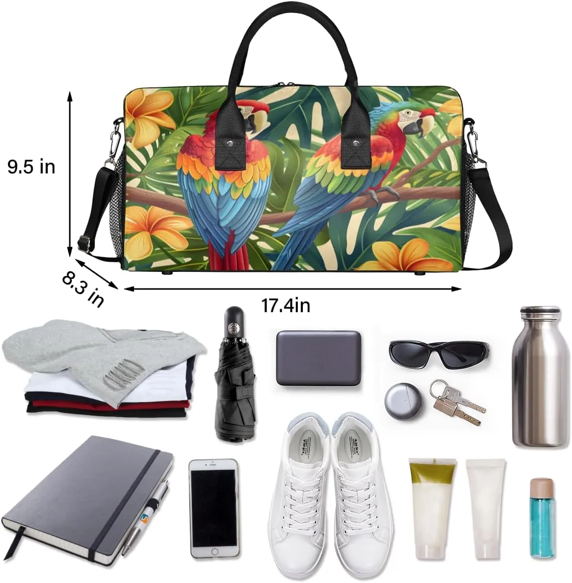 Parrot Travel Duffle Bag for Women Men Foldable Waterproof Weekender Bag Carry on Tote for Overnight Sports Gym Tropical Macaw Parrot Jungle Palm Leaves