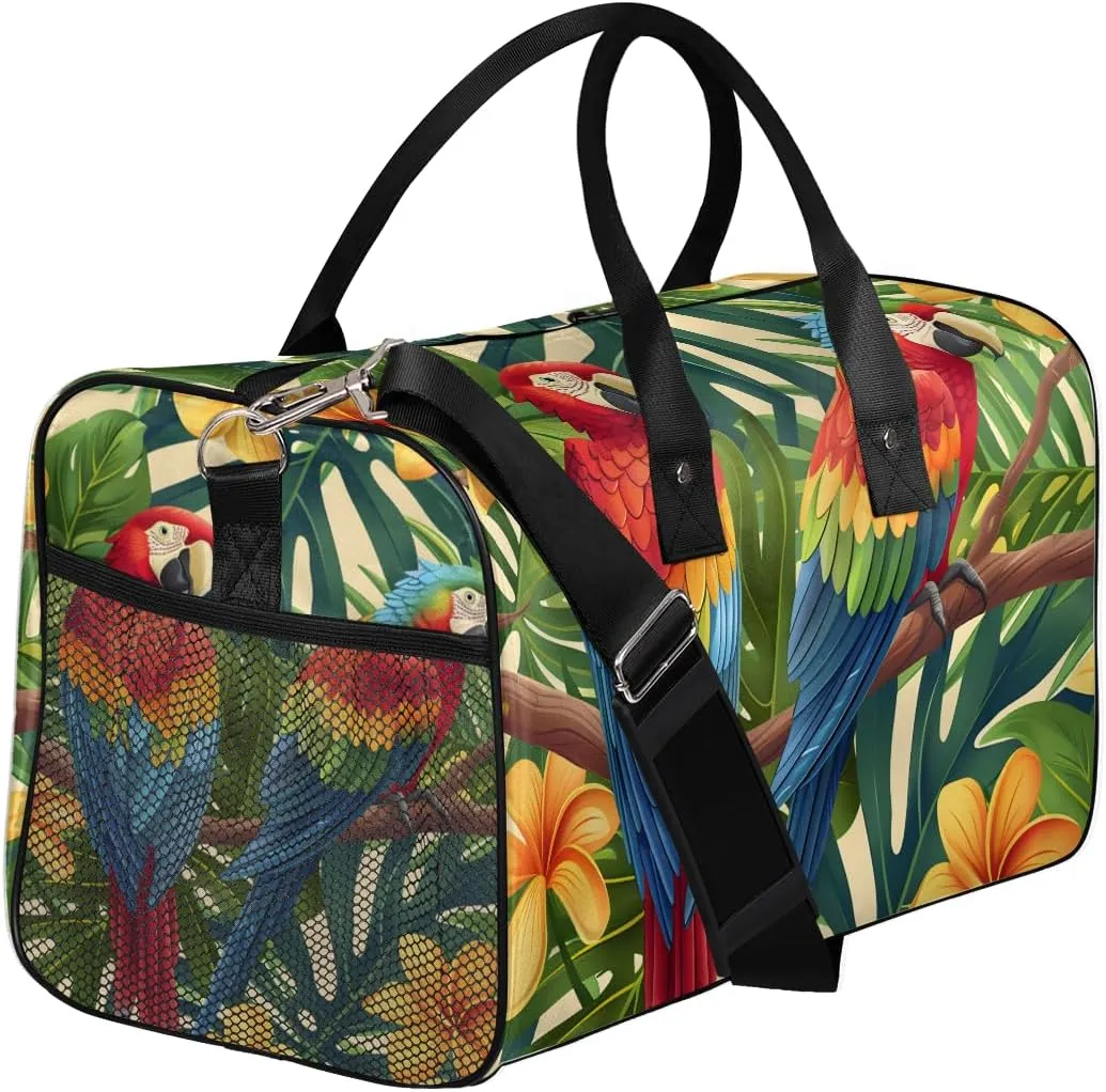 Parrot Travel Duffle Bag for Women Men Foldable Waterproof Weekender Bag Carry on Tote for Overnight Sports Gym Tropical Macaw Parrot Jungle Palm Leaves