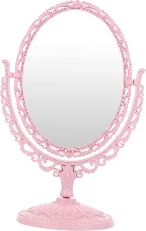 PartyKindom Elegant Oval Vanity Mirror Double-Sided Makeup Mirror Magnifying Regular Side Pink Rotating