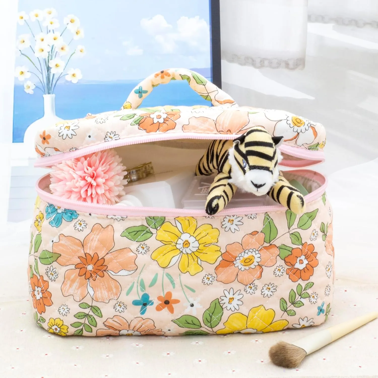 PAZIMIIK Cotton Makeup Bag for Women Large Quilted Travel Cosmetic Case Girls' Make Up Organizer,Floral Orange
