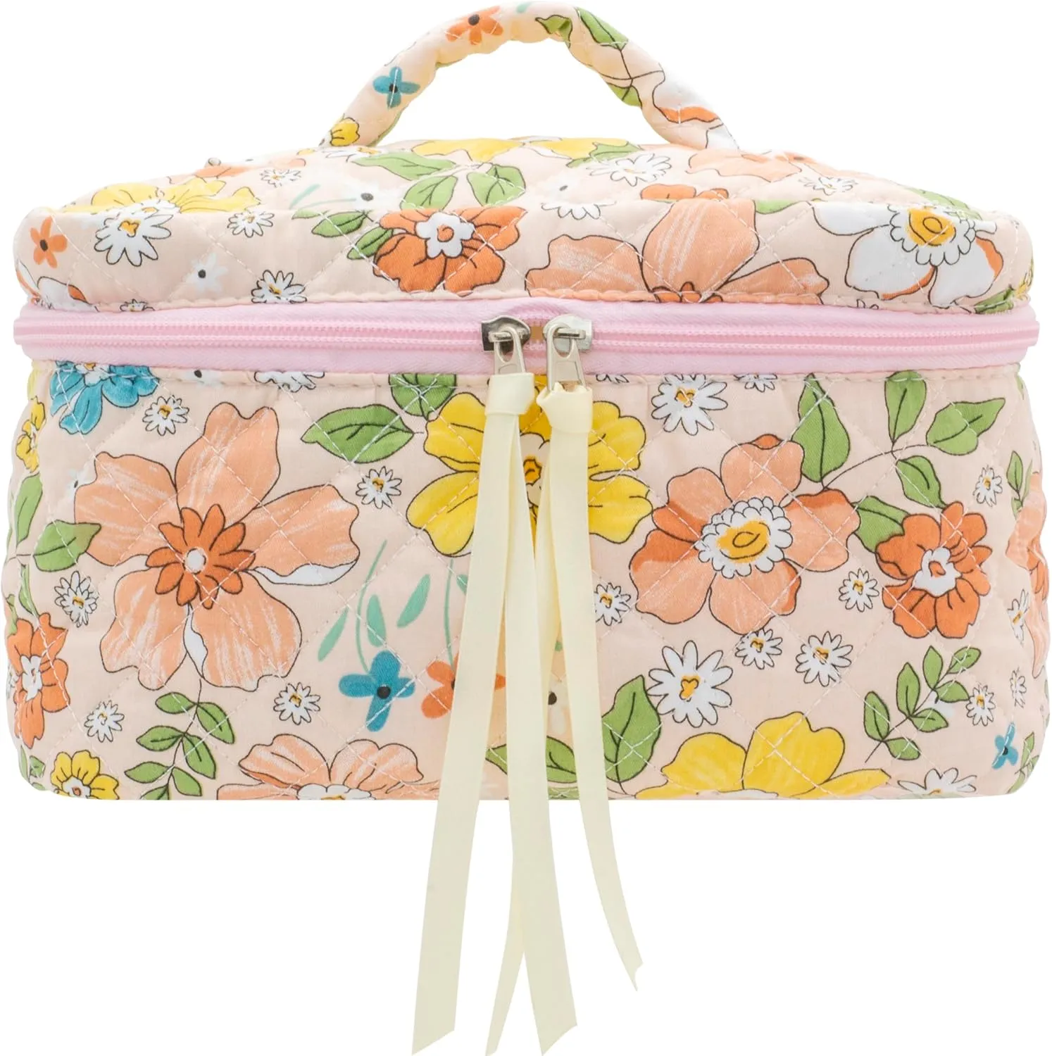 PAZIMIIK Cotton Makeup Bag for Women Large Quilted Travel Cosmetic Case Girls' Make Up Organizer,Floral Orange