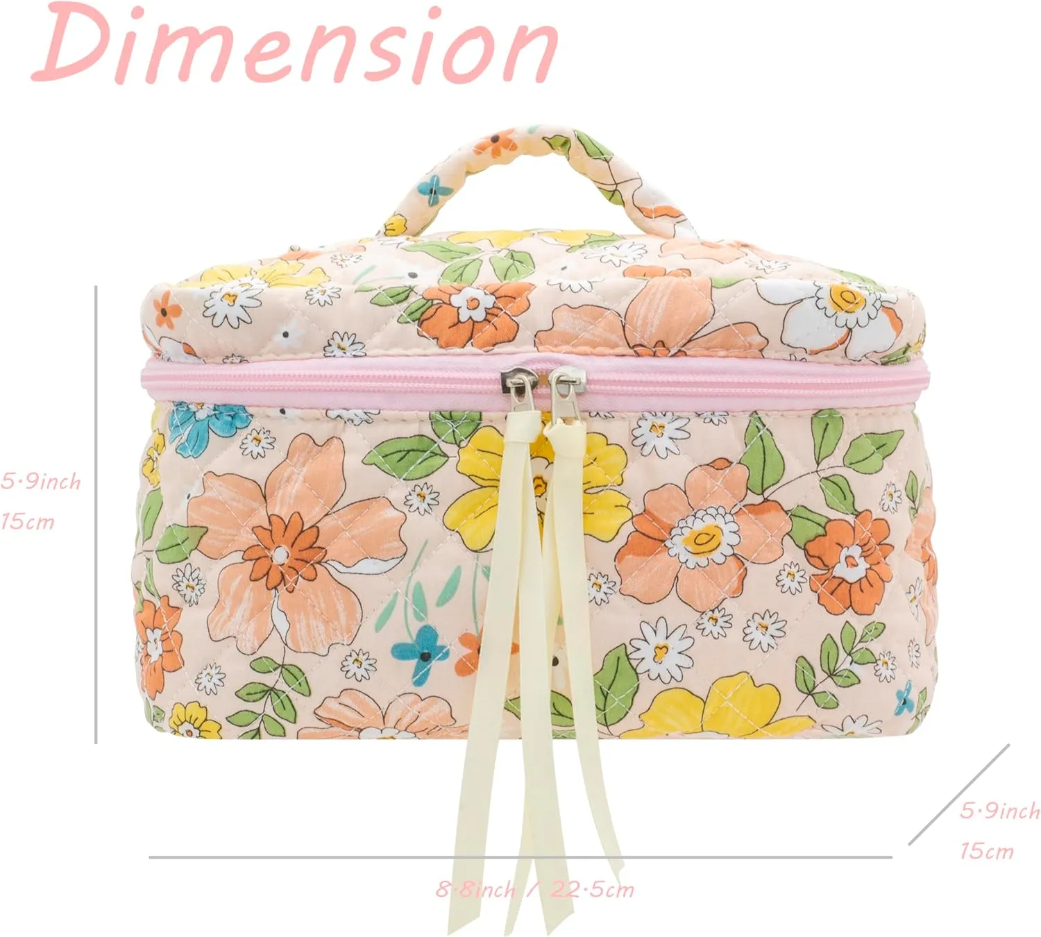PAZIMIIK Cotton Makeup Bag for Women Large Quilted Travel Cosmetic Case Girls' Make Up Organizer,Floral Orange