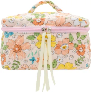 PAZIMIIK Cotton Makeup Bag for Women Large Quilted Travel Cosmetic Case Girls' Make Up Organizer,Floral Orange