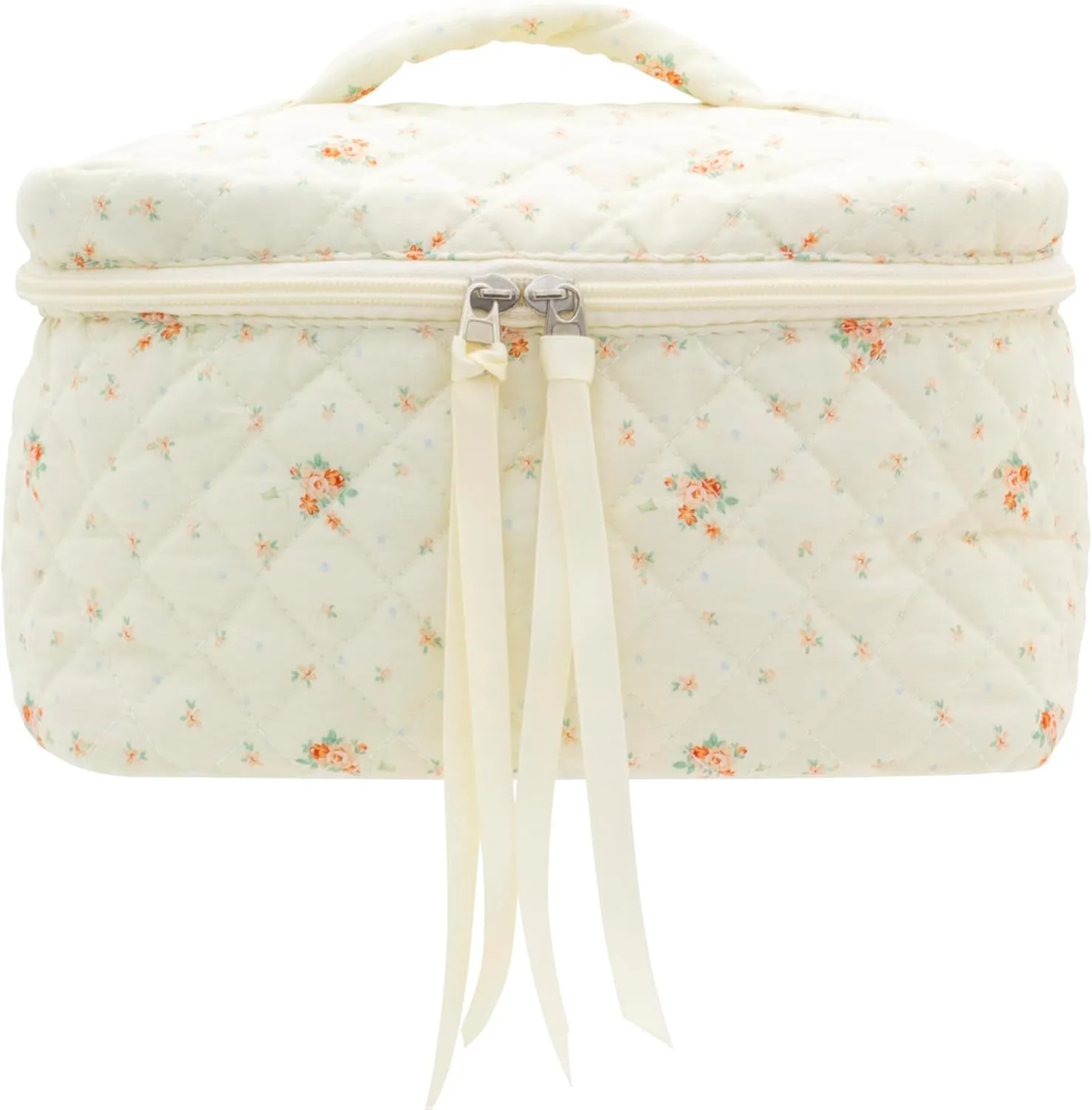 PAZIMIIK Cotton Makeup Bag for Women Large Quilted Travel Cosmetic Case Girls' Make Up Organizer,Floral White