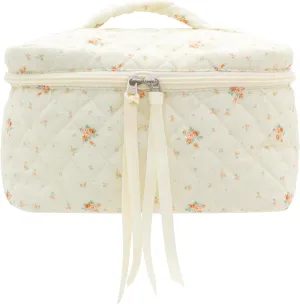 PAZIMIIK Cotton Makeup Bag for Women Large Quilted Travel Cosmetic Case Girls' Make Up Organizer,Floral White