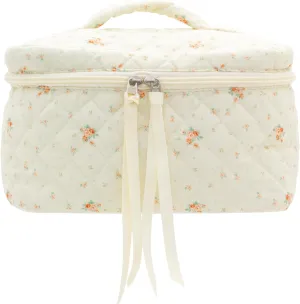 PAZIMIIK Cotton Makeup Bag for Women Large Quilted Travel Cosmetic Case Girls' Make Up Organizer,Floral White