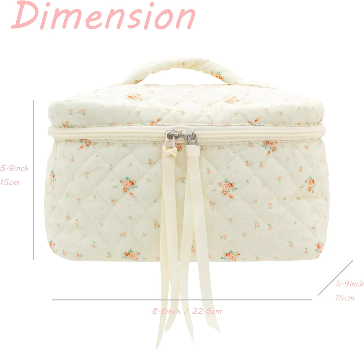PAZIMIIK Cotton Makeup Bag for Women Large Quilted Travel Cosmetic Case Girls' Make Up Organizer,Floral White