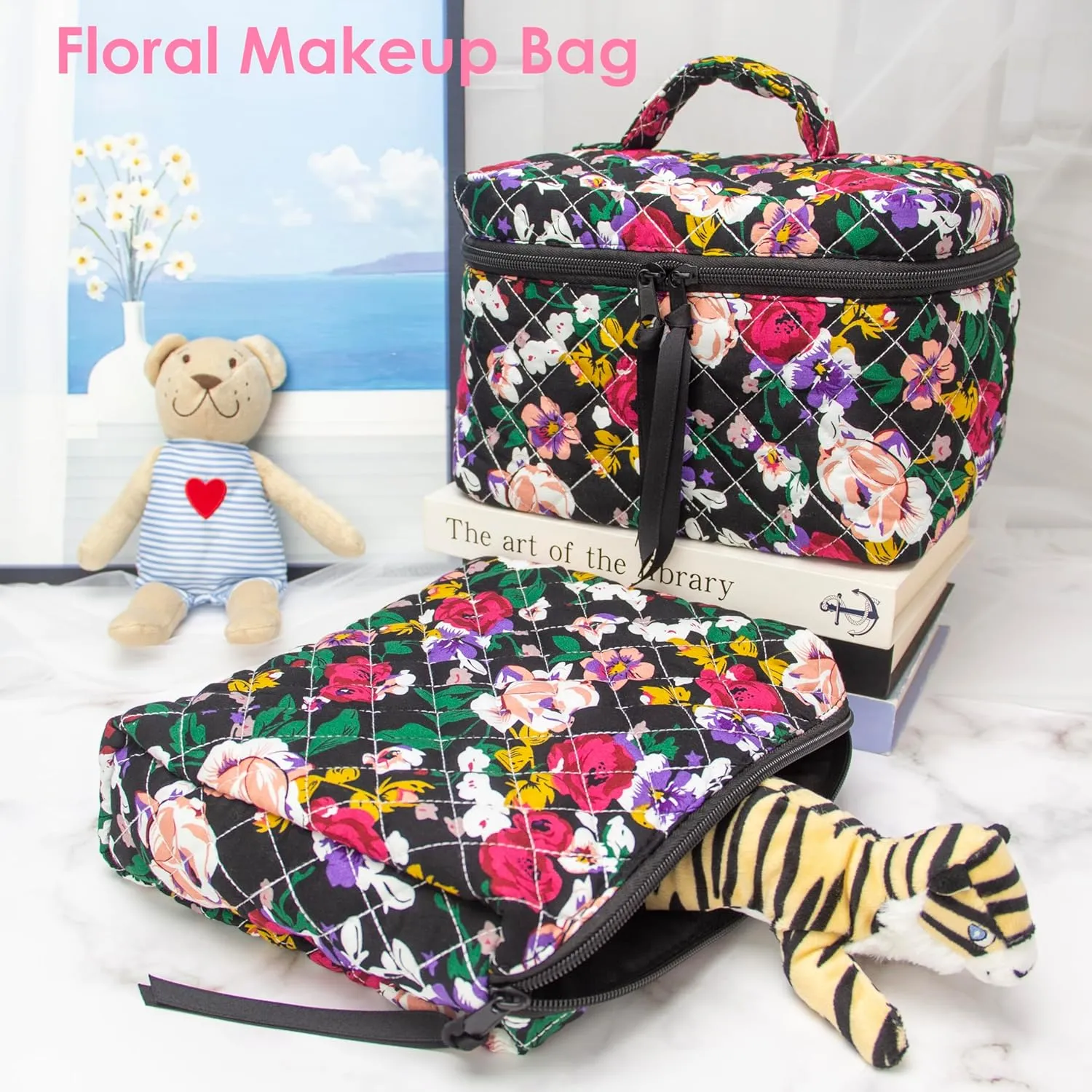 PAZIMIIK Cotton Makeup Bag for Women Large Quilted Travel Cosmetic Pouch Girls' Make Up Organizer,Floral Black