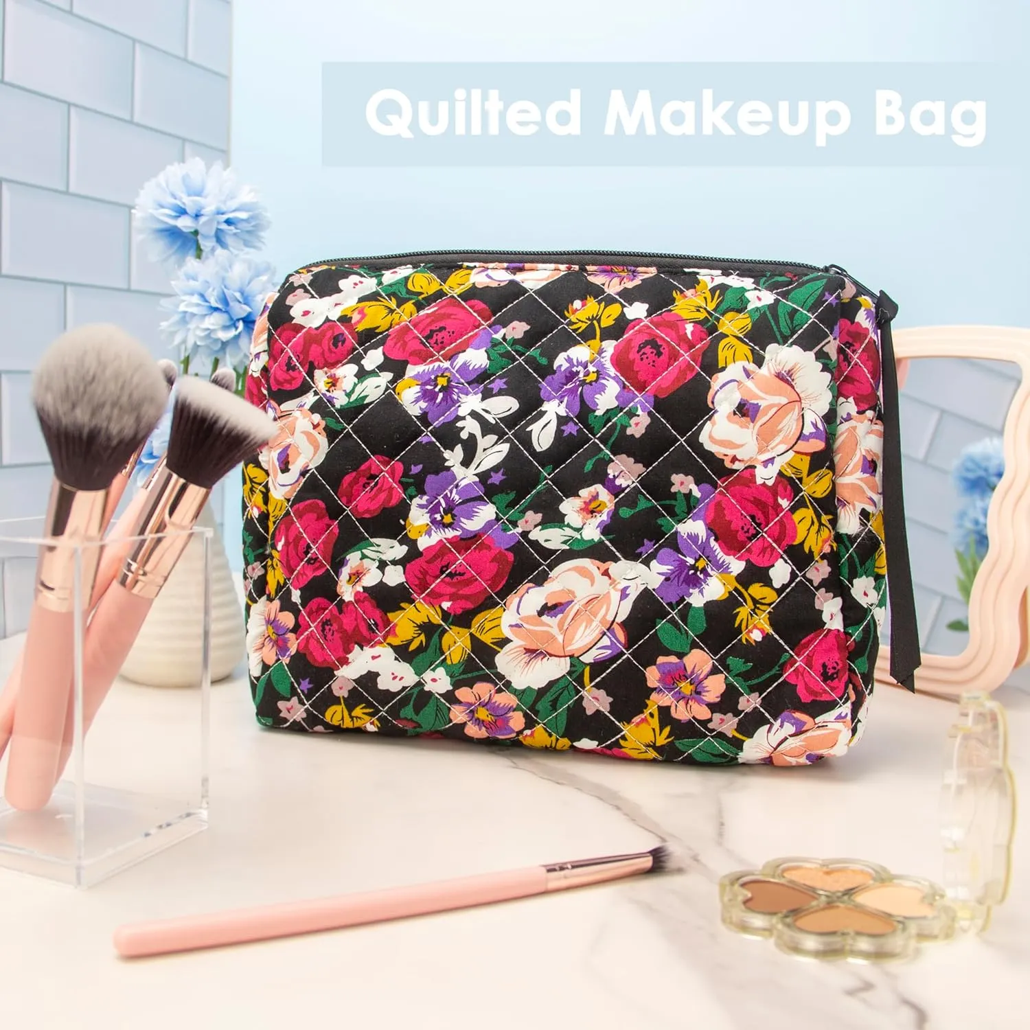 PAZIMIIK Cotton Makeup Bag for Women Large Quilted Travel Cosmetic Pouch Girls' Make Up Organizer,Floral Black