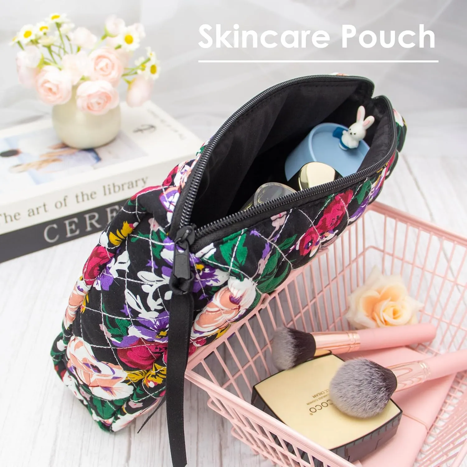 PAZIMIIK Cotton Makeup Bag for Women Large Quilted Travel Cosmetic Pouch Girls' Make Up Organizer,Floral Black