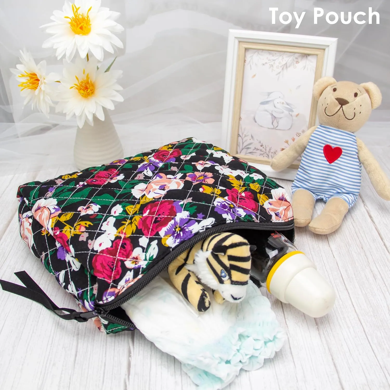 PAZIMIIK Cotton Makeup Bag for Women Large Quilted Travel Cosmetic Pouch Girls' Make Up Organizer,Floral Black