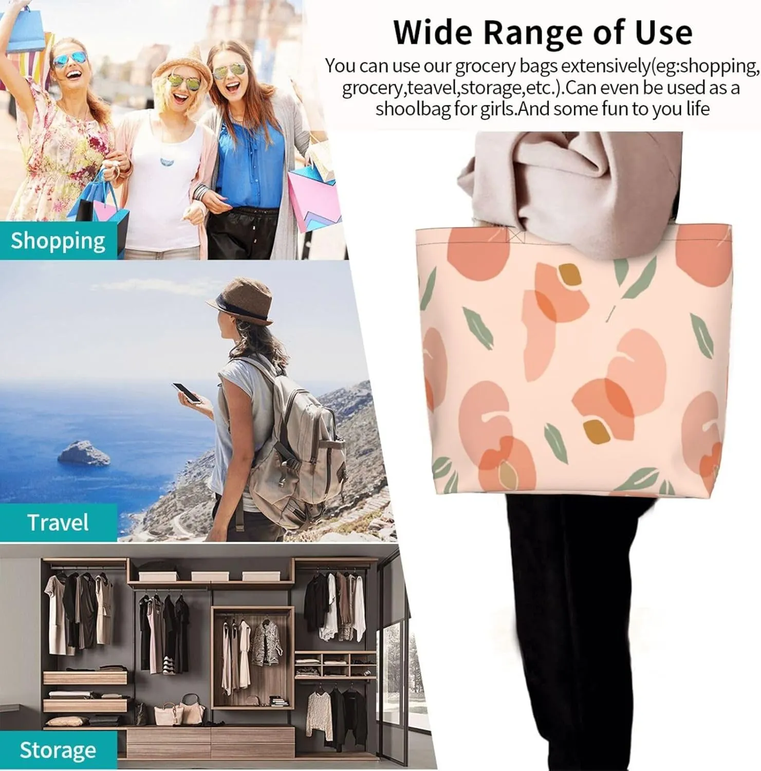 Peach Light Pink Tote Bag Shopping Bag Portable Handbags Tote Shoulder Bucket Bags for Women