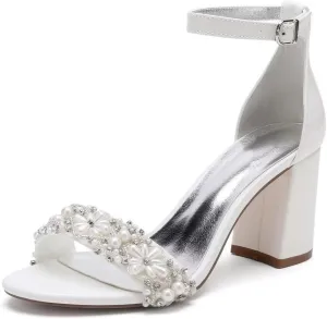 Pearl Wedding Shoes for Bride Block Heel Wedding Sandals Open Toe Bridal Heels